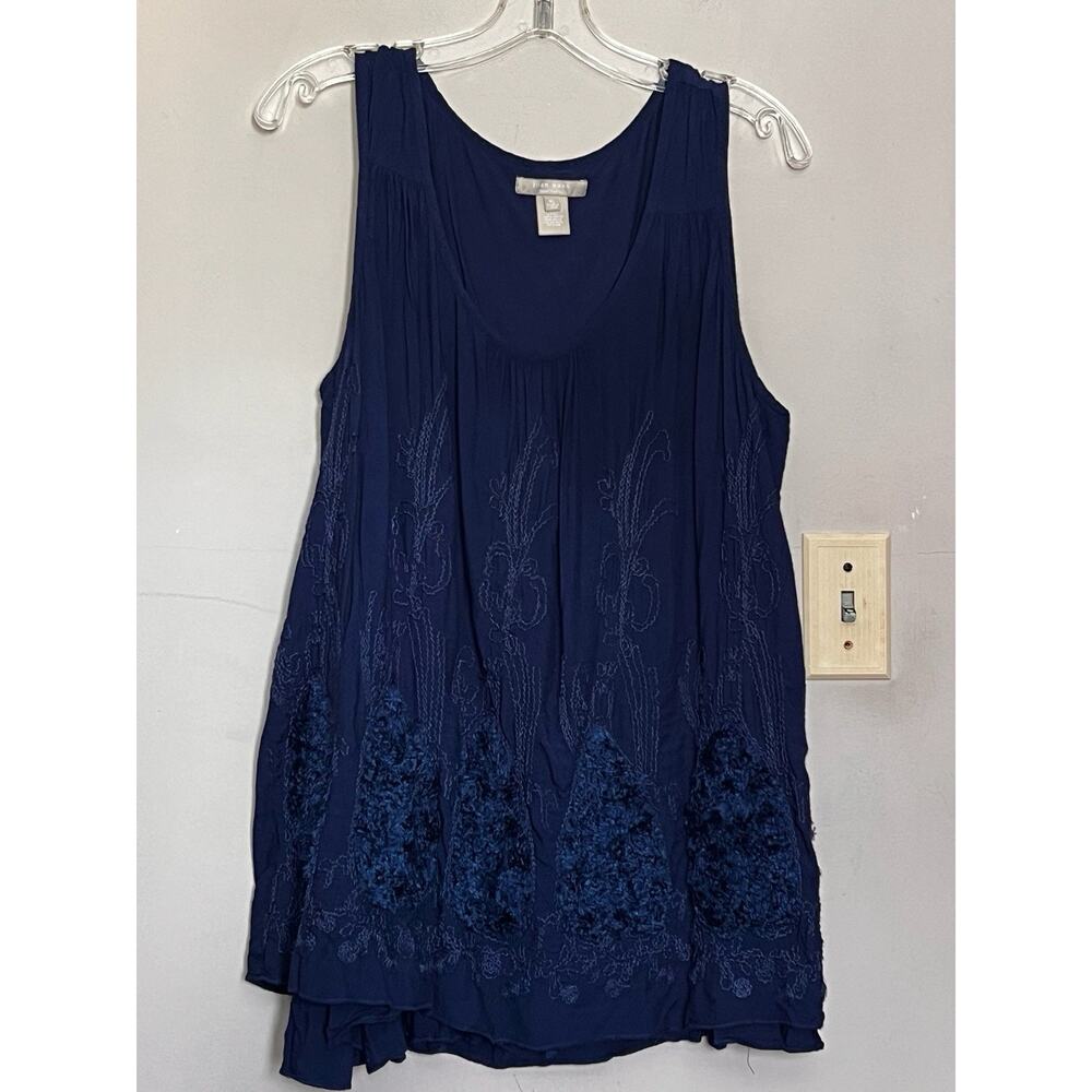 JOAN VASS NY NAVY BLUE EMBROIDERED RUFFLED STRETCH TUNIC TANK FLEECE INSETS XL